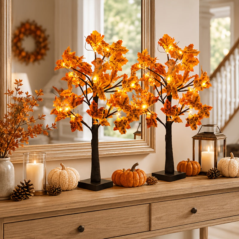 2pcs Thanksgiving & Autumn Table Lamps, 21.26 Inch Tree Lights Decorated with Fall Maple Leaves, Artificial Decor Trees with 24 Battery-Powered LEDs, Ideal for Indoor Spaces, Home Rooms, Balconies, Holiday Events And Halloween Parties