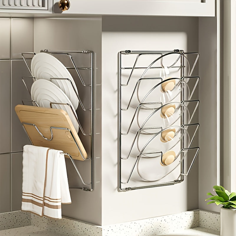 [1pc Hanging Pot Lid Organizer] 1pc Durable Metal Hanging Pot Lid Organizer, Multi-Tier Wall-Mounted Kitchen Storage Rack for Pots And Lids, Space-Saving Kitchen Accessory for Home And Restaurant Use