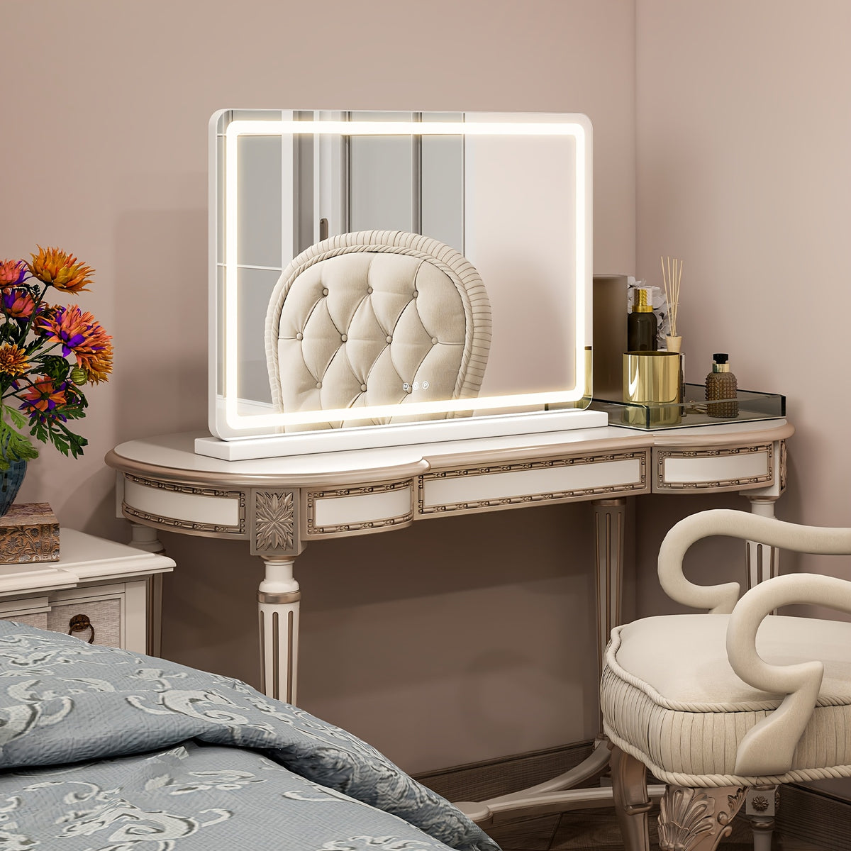 Smart LED Vanity Mirror with Dimmable Lights & Memory - 3 Color Modes, USB Port In Sleek Aluminum Frame for Bathroom, Bedroom, Desk, 13"x17"/22"x19"/32"x22"