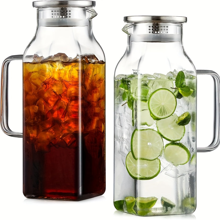 1 Pack/2 Pack 68oz Square Glass Pitcher with Lid And Handle for Fridge, Iced Tea And Coffee Carafe Beverage Serveware, Heat Resistant Borosilicate Water Jug for Hot/Cold Drinks And Milk, 304 Stainless Steel Lid