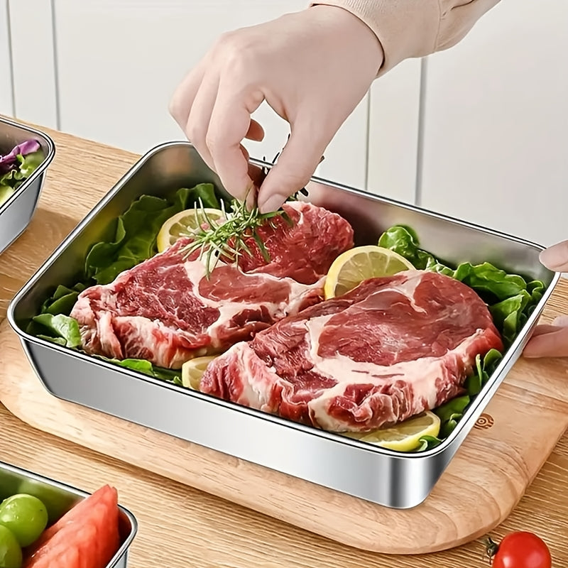 Purchase Three And Receive Two at No Cost, Making a Total of Five Stainless Steel Food Storage Containers - Sturdy Baking Trays That Come with Complimentary Lids, Reusable, Ideal for Picnics, Meal Preparation, Organizing The Refrigerator