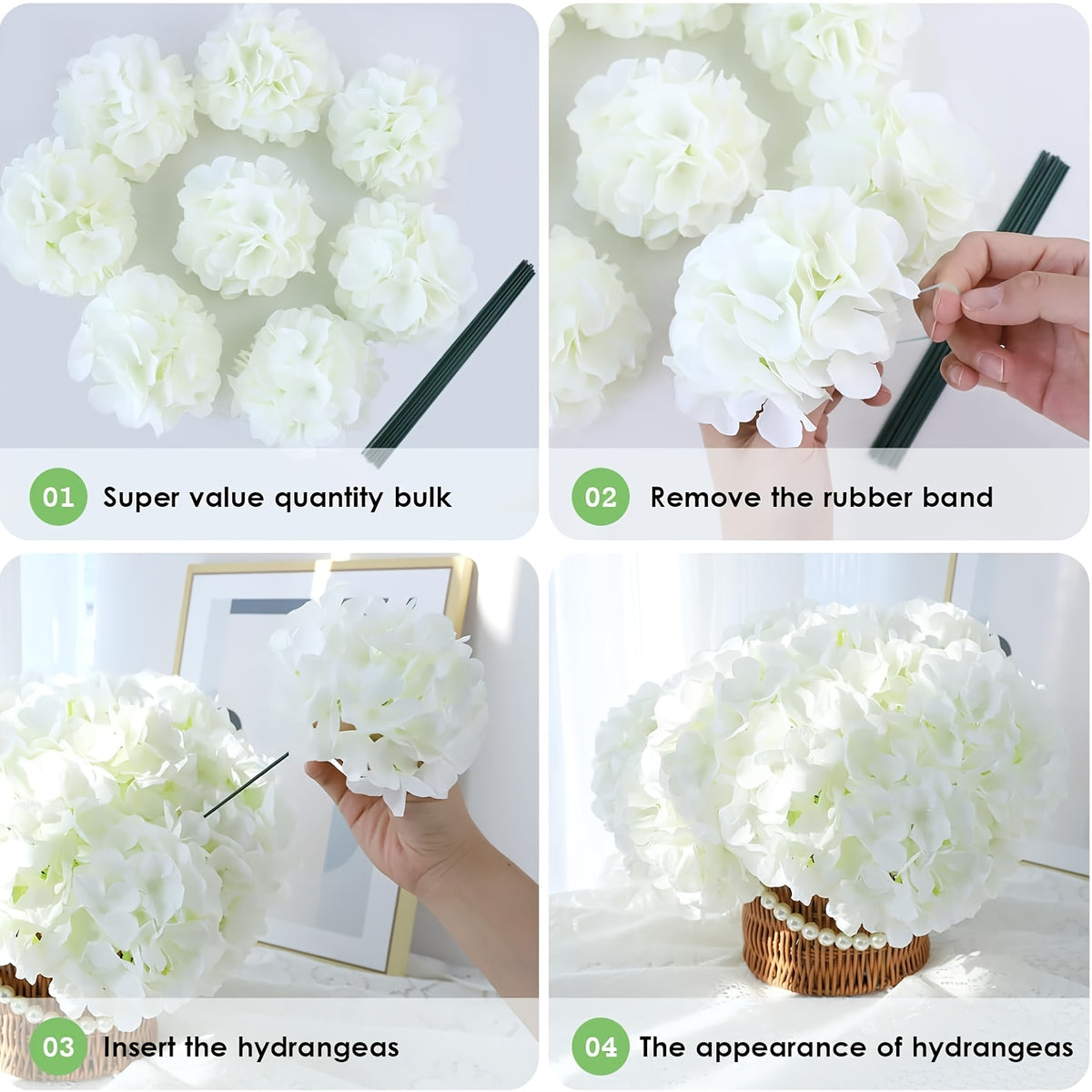 Set of 24 Synthetic Hydrangea Blooms with Stems, Ideal for Wedding Decorations, Home Parties, Baby Showers, And Store Displays. These Floral Arrangements Are Long-Lasting And Can Be Reused, Available in White, Orange, Blue, Dreamy Purple, Champagne