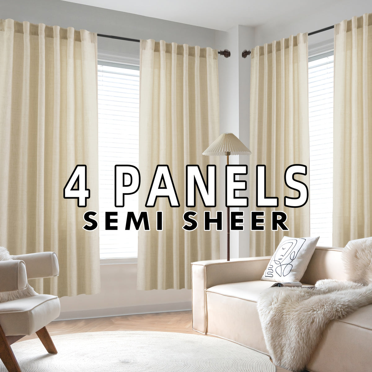 4 Panels Natural Linen Curtains for Living Room Semi Sheer Farmhouse Real Flax Rod Pocket Back Tab Boho Rustic Light Filtering Window Drapes for Bedroom Privacy Assured