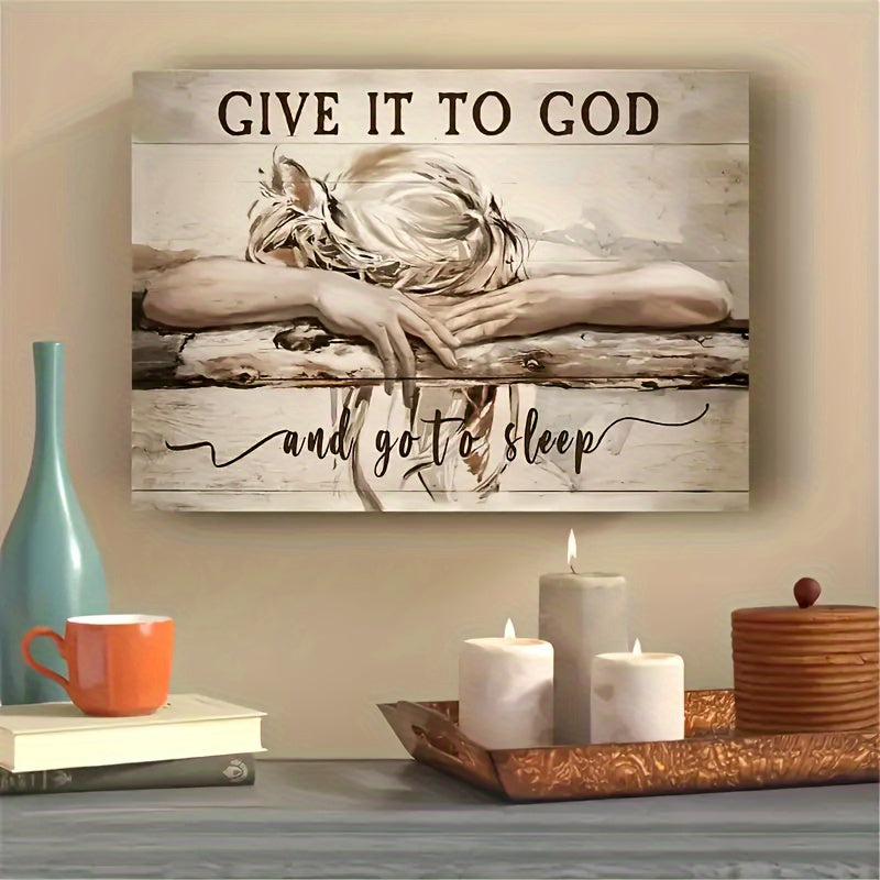 1pc Framed Painting Sleeping Girl Give It To God And Go To Sleep Canvas Posters And Prints Wall Art Pictures With Frame For Living Room & Bedroom, Home Decoration, Festival Gift For Her/Him, Ready To Hang  for Halloween&Christmas