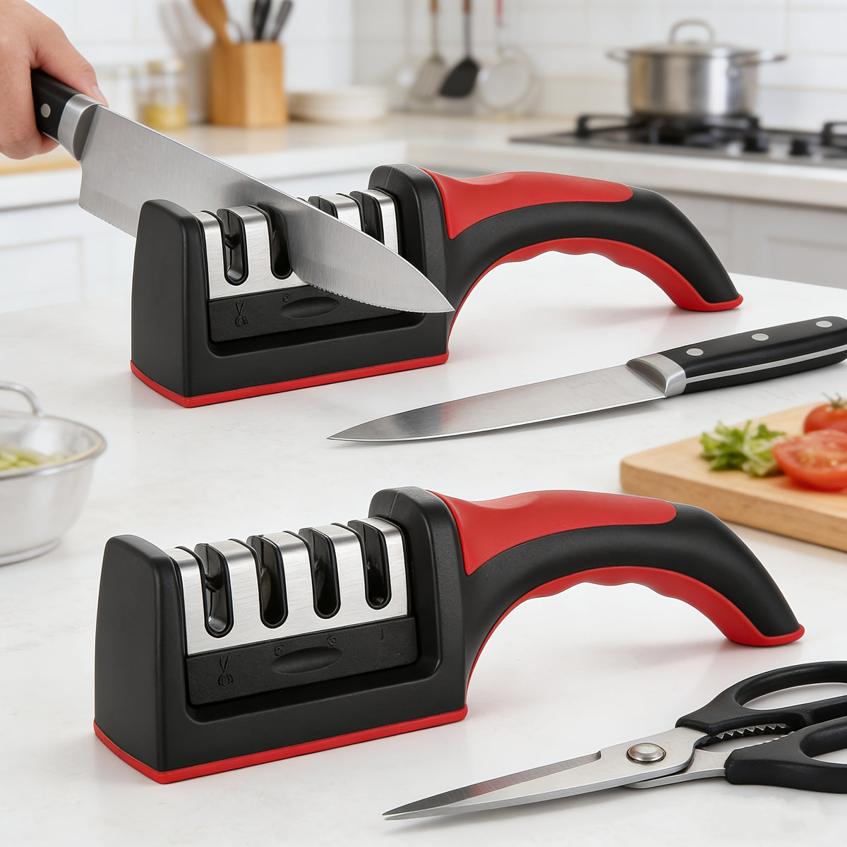 Knife Sharpener, 4-In-1 Blade Stainless Steel Sharpener And Scissors Sharpener, Anti-Slip Handle Professional Knife Sharpener, for Ergonomic And Easy to Use Knife Sharpening Kit