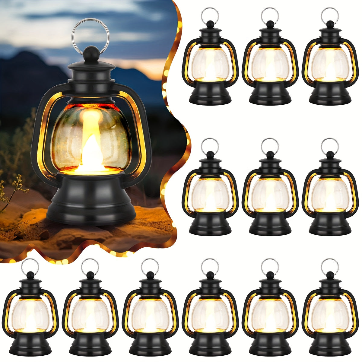 Pack Of 12 Mini Lantern Decorations with LED Candles, Small Chandelier Decorations, Camping Table Decorations, Vintage Lantern Decorations In Bulk for Cowboy Christmas, Valentine's Day Goodies (Vintage Golden, Black, Silvery)