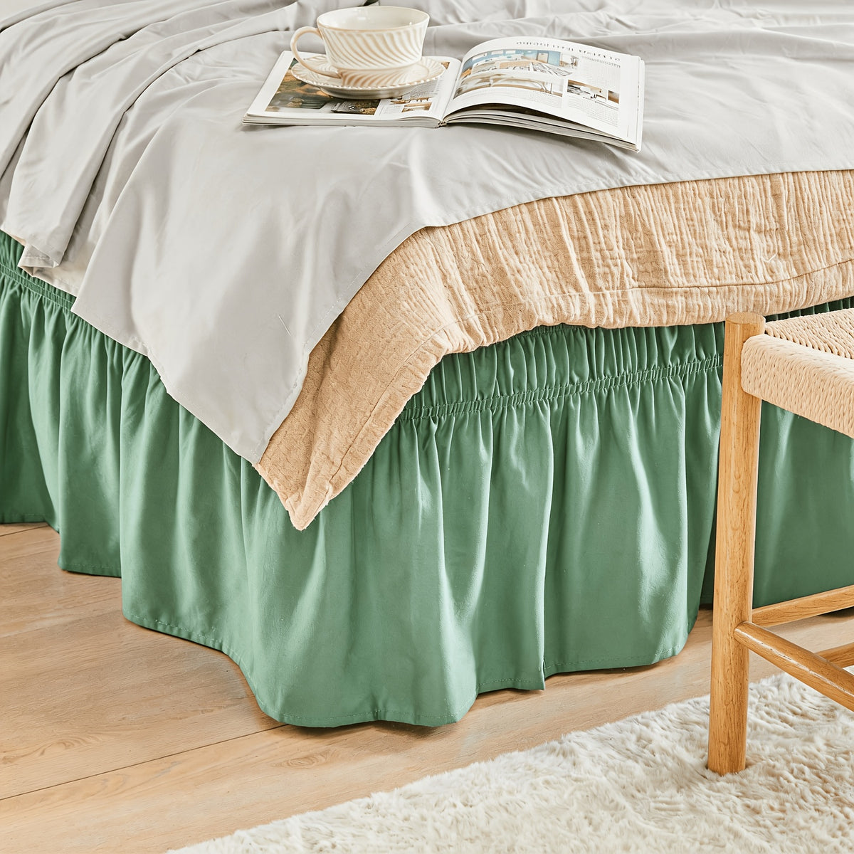 Leafy Sleep Elastic Bed Ruffle, Easy Wrap Around Ruffle, Microfiber Bed Skirt with Adjustable Elastic Belt 15 Inch Tailored Drop, Hotel Quality Bed Skirt, Fade Resistant, Easy Fit, Machine Washable