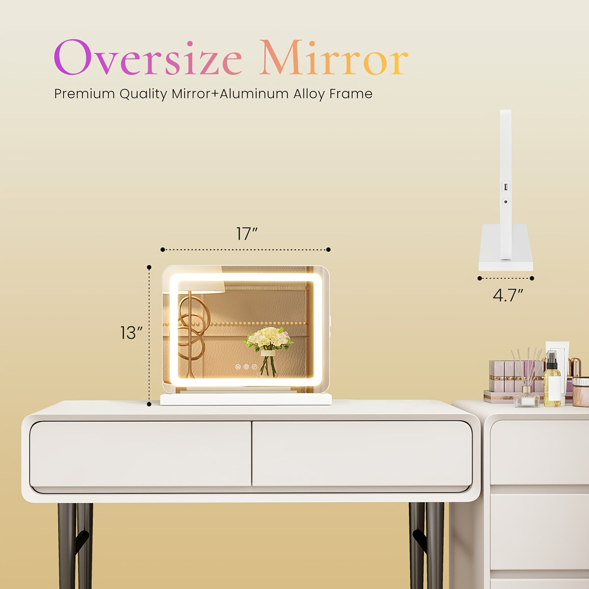 Smart LED Vanity Mirror with Dimmable Lights & Memory - 3 Color Modes, USB Port In Sleek Aluminum Frame for Bathroom, Bedroom, Desk, 13"x17"/22"x19"/32"x22"