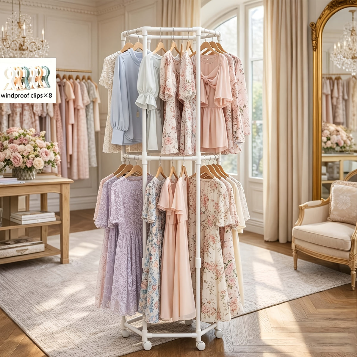 Heavy-Duty Rotating Clothing Rack with Wheels - Freestanding Space-Saving Garment Organizer Suitable for Bedroom, Laundry Room, Commercial Use, Multifunctional Rotating Dresser Rack with Hanging Rods for Coats, Dresses, Pants Storage