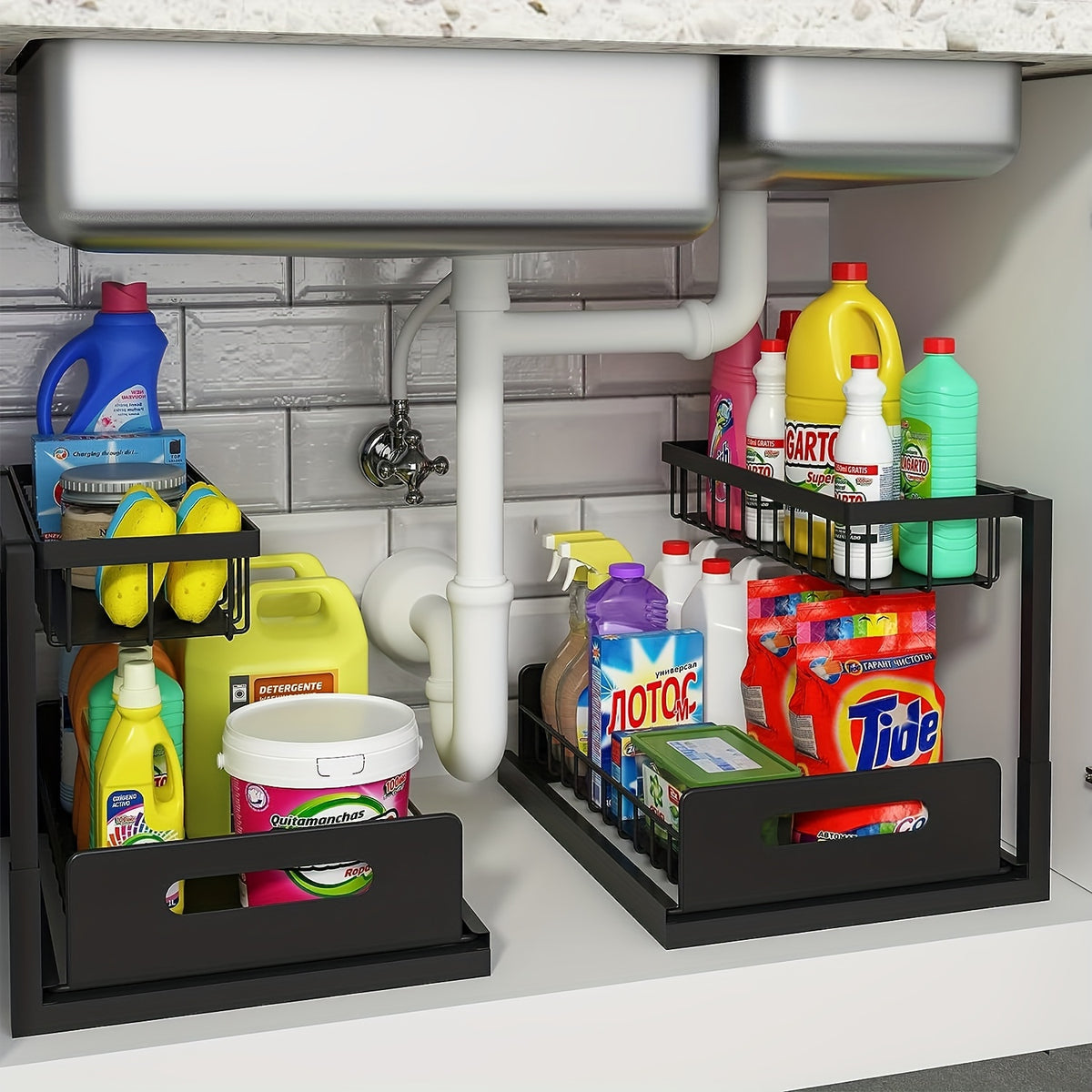 1/2pcs Kitchen Organizers And Storage, Kitchen Accessories, Utility Racks, Under Sink Organizer, Pull Out Cabinet Organizer, 2 Tier Slide Out Sink Shelf, Cabinet Storage Shelves, Under Sink Storage for Kitchen Bathroom Cabinet, Local Warehouse