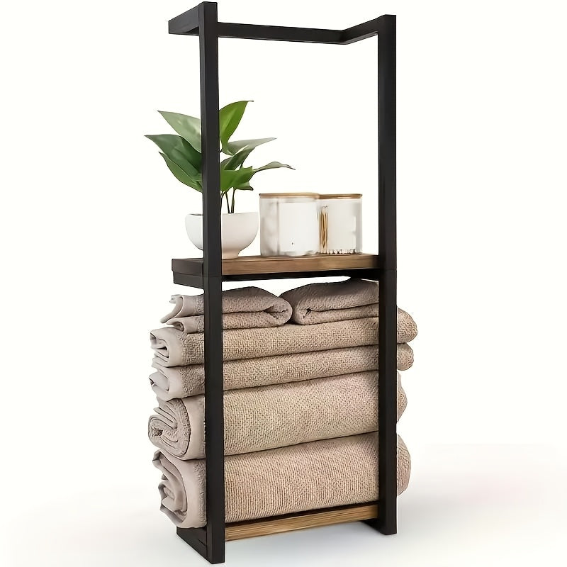 1Pc 2-Tier Bathroom Towel Rack With Shelf - Wall-Mounted Towel And Essentials Storage Rack | Modern Bathroom Elegant Metal And Wood Design, Wall-Mounted Towel Storage Rack, Bedroom Organizer, Bathroom Towel Rack, Bathroom Towel Storage