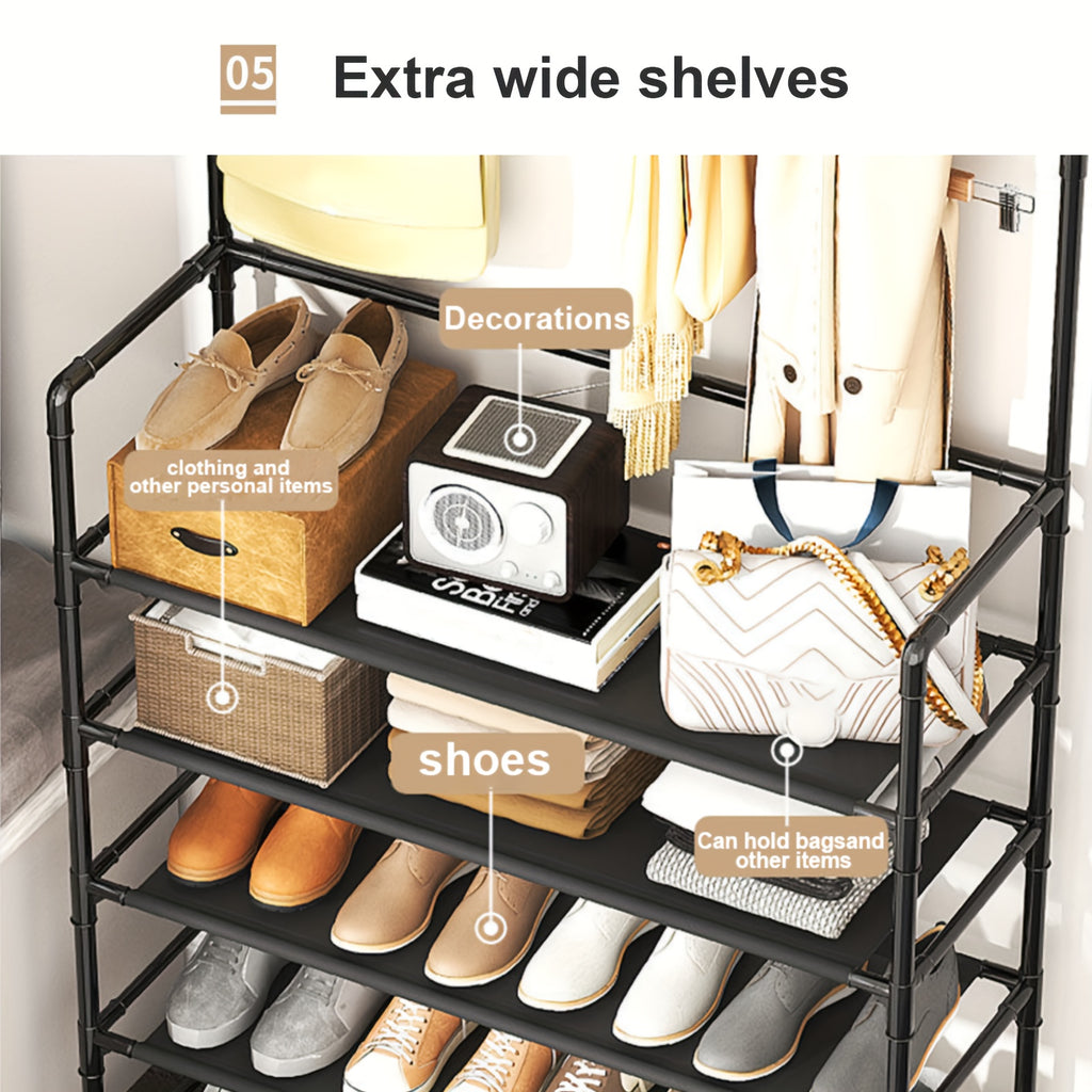 Multifunctional 5-Tier to 3-Tier Shoe Rack, Freestanding Shoe Organizer, Shoe Storage And Organizer, Shelves, with Multi-Layer Storage And 8pcs Double Hooks, Suitable for Living Room, Bedroom, Entrance