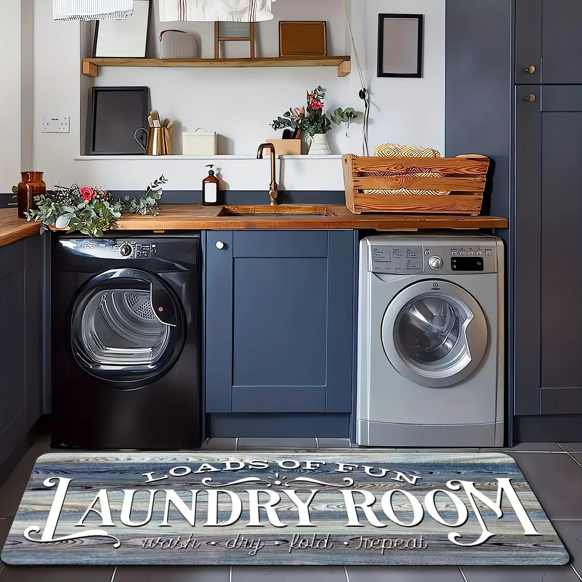 Non-Slip Laundry Room Mat- Heavy Duty Washable Rubber Backing Carpet, Dark Brown/Gray Wood Grain Design, Suitable for Laundry Room, Kitchen, Bathroom- Easy to Clean Home Carpet, Rustic Style, Durable Structure, Practical Home Item