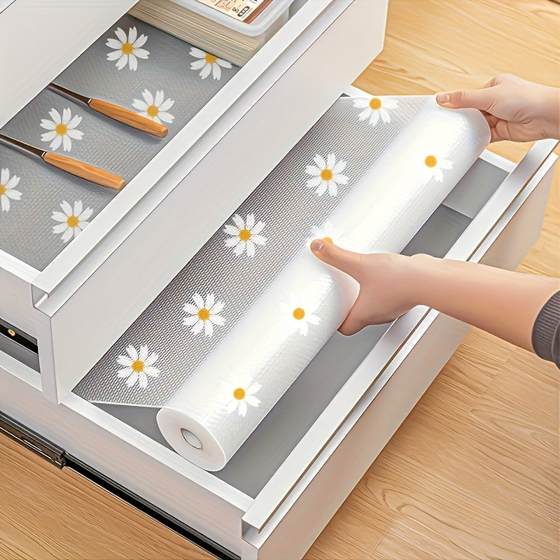 2 Roll Daisy Pattern Non-Slip Cabinet Liners - Heavy Duty PVC Drawer, Fridge & Tabletop Mats with White Daisies & Yellow Centers, Easy Clean Anti-Slip Kitchen Storage Accessories, Cheerful Home Accents, Easyclean Surface, Practical Homemakers