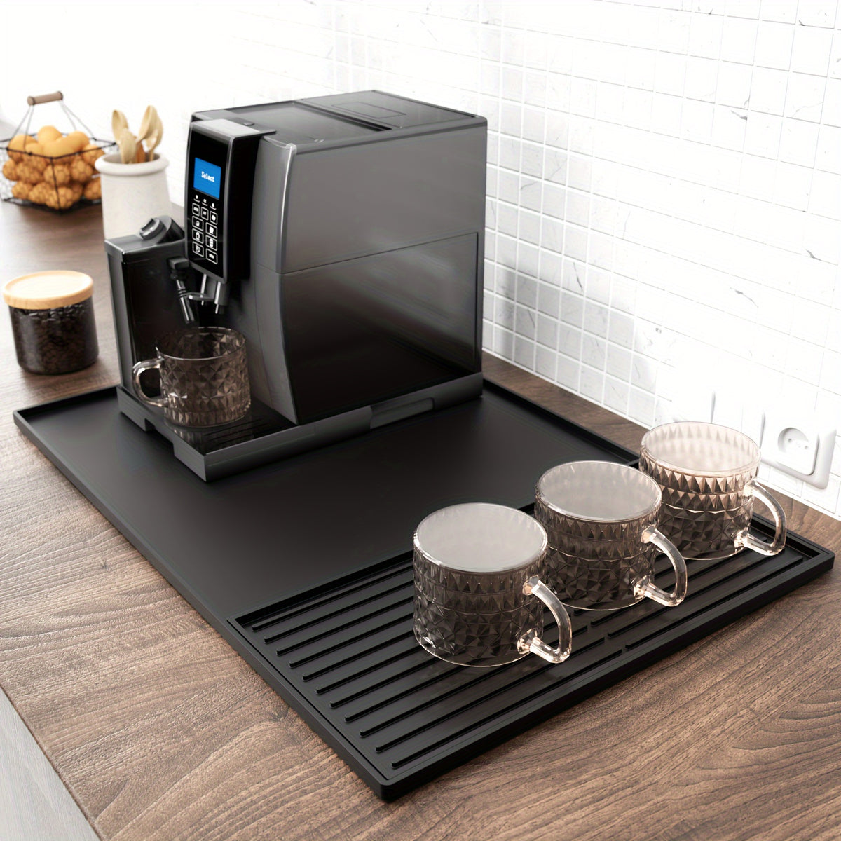 2-in-1 Silicone Coffee Mat with Raised Edges, Countertop Coffee Bar Mat, Suitable as a Coffee Bar Accessory for Under Coffee Machines and Espresso Machines, Dish Drying Mat, Black, 23.6'' X 15.7''