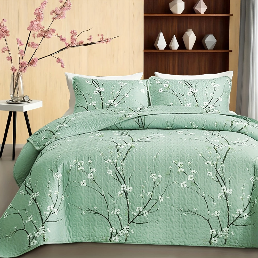 2/3pcs Multicolour Tree Branch Plum Blossom Quilted Quilt, 1pc Quilted Quilt+ 1/2pcs Pillowcases, Soft Breathable Comfortable Portability Hypoallergenic Machine Washable Bed Cover Bedding Room Decor, SingleBed/ Queen/ King Size