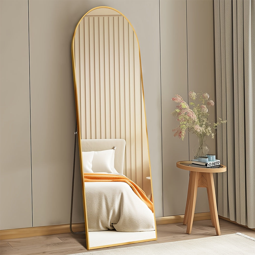 LED Lighted/Not-LED Lighted Full-Length Mirror with Arched/Rect Top - Aluminum Frame Floor-Standing Dressing Mirror for Bedroom & Living Room, Black/Golden/White