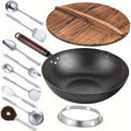 Flat Bottom Iron Wok, 12.6 Inch Uncoated Chinese Stir Fry Pan with Lid and 10 Cookware Accessories for Gas, Electric and Induction Stoves