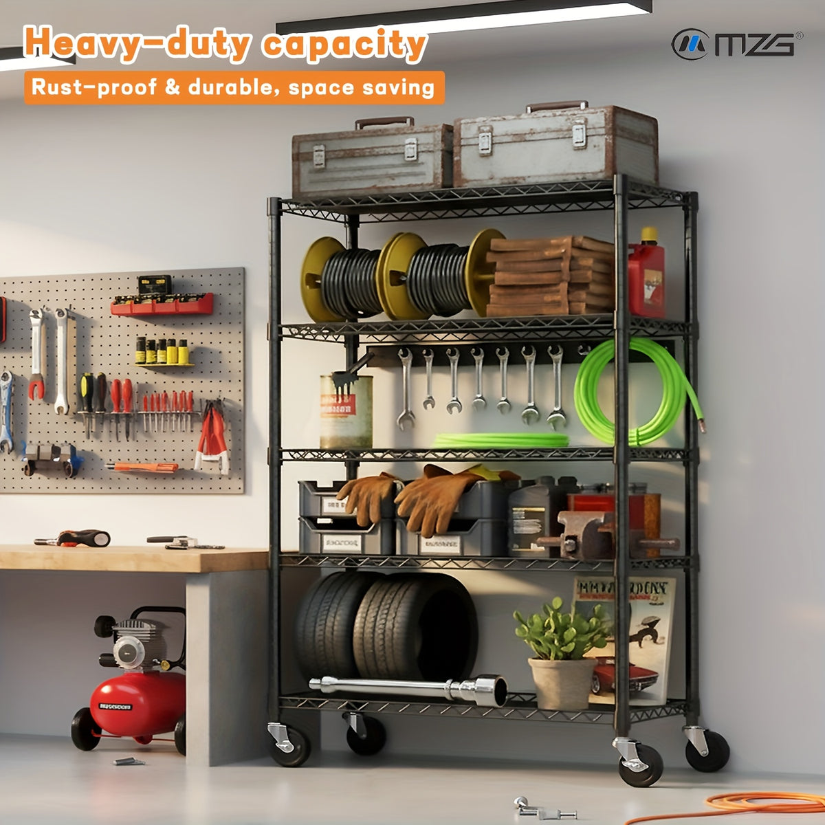 MZG Heavy-Duty Adjustable 5/4 Shelf Metal Storage Shelving Unit - Industrial Garage, Pantry, Kitchen, Workshop Organizer Tool-Free Assembly, Space-Saving Shelving Rack For Home, Commercial Use Open Shelf Design, Sturdy Construction, Utility Shelves