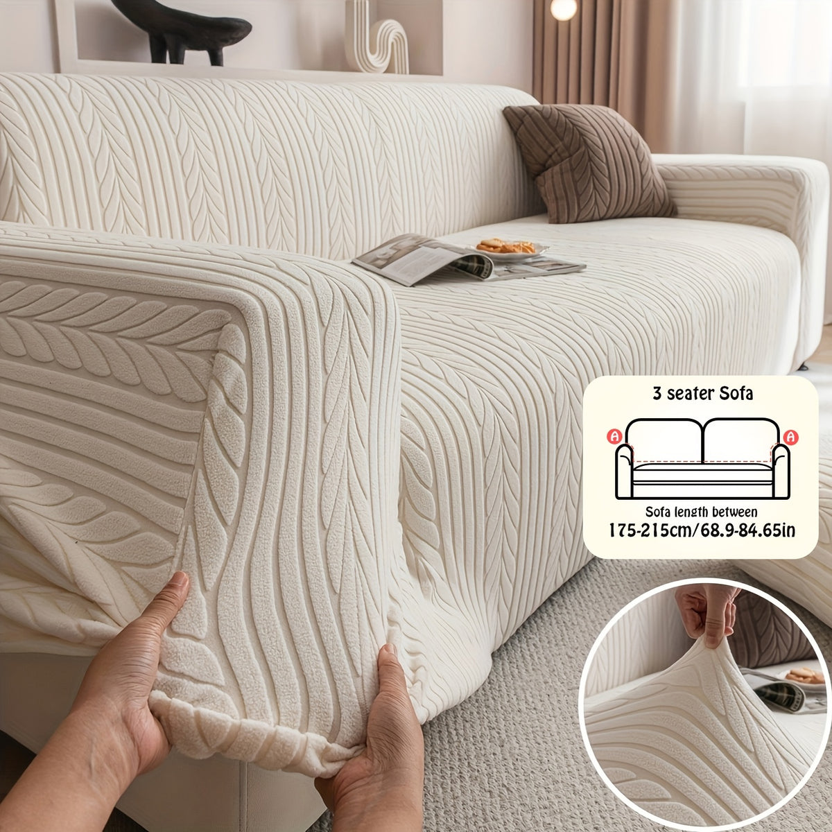 1pc Striped Sofa Cover - Washable, Stretchable, Scratch-Resistant & Non-Slip All-Season Sofa Protector, Fits 1-4 Seater Sofas, White Textured Fabric with Sawtooth Pattern, Perfect for Living Room Decor & Furniture Protection | Durable Protection