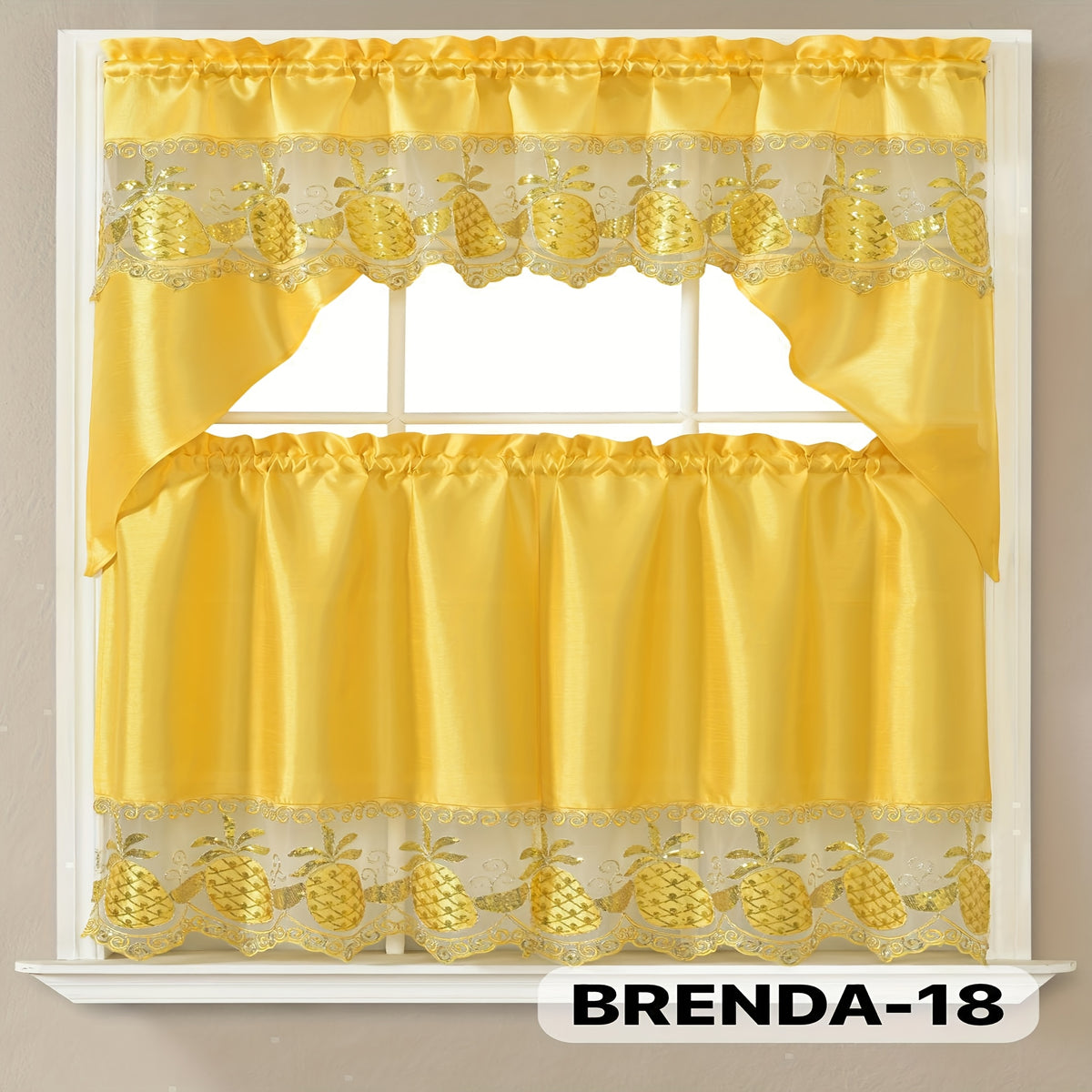 3pcs Bamboo Embroidered Kitchen Curtain Set, Floral Embroidery, Lightweight and Soft, Easy Care, Machine Washable, Satin Fabric, Embroidered