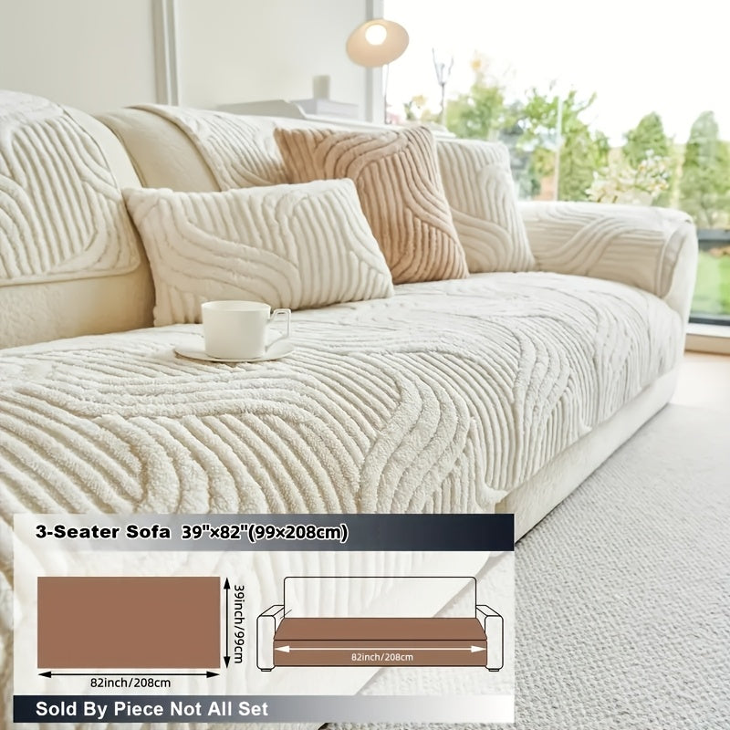 1pc Pet Friendly Sofa Cover, Dog Friendly Non Slip Furniture Protector, Fox Tail Patterned & Solid Color Shu Velveteen Plush Sofa Cushion, All Season Short Plush Sectional Sofa Cover for Living Room Bedroom Office