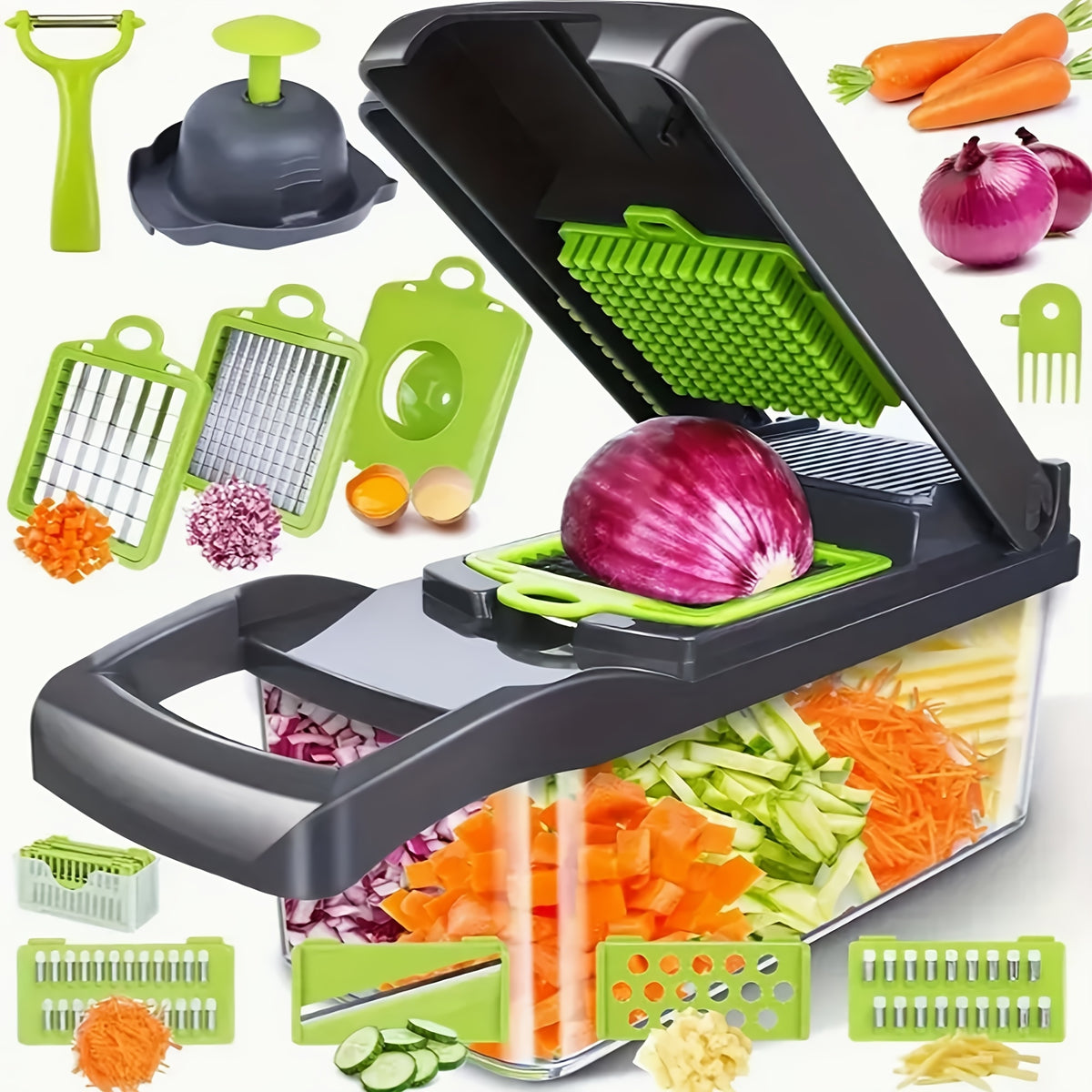 16-in-1 Manual Vegetable Chopper Set, With 8 Blades, Container, Peeler And Filter, Easy Meal Preparation, Professional Onion, Carrot And Garlic Slicer, Kitchen Supplies