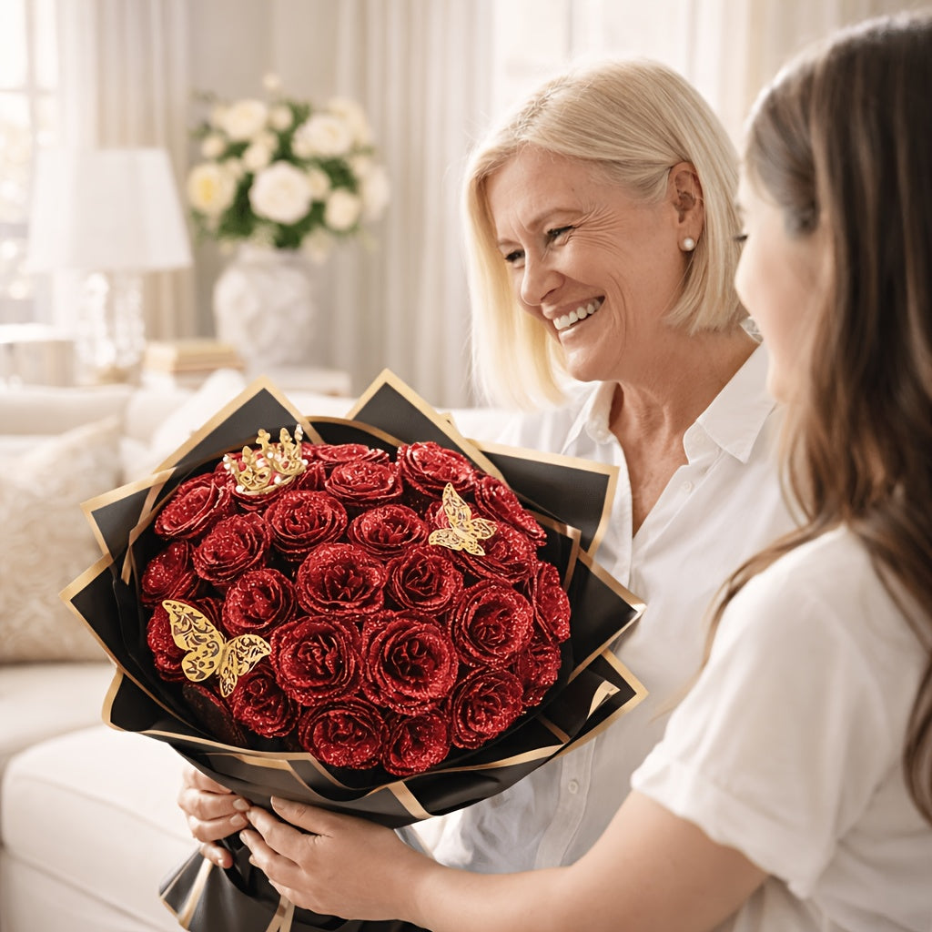 24/36pcs Glitter Roses Bouquet - Everlasting Shiny Artificial Red Roses with Sparkling Glitter Petals - DIY Fake Flower Bouquet Suitable for Valentine' Day, Mother' Day, Wedding, Anniversary, - Gifts for, Plastic Roses Bouquet