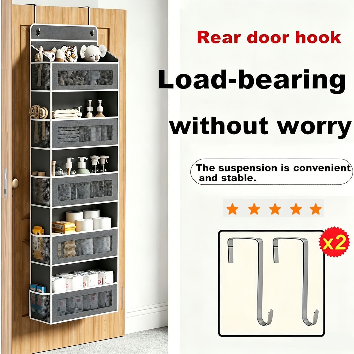 Door Storage Organizer, 5-Tier Hanging Over-the-Door Organizer with 5 Large-Capacity Pockets, Anti-Tip 44 Lbs Load Capacity Back-of-Door Storage Organizer, Suitable for Bedroom, Bathroom, Pantry, Room Storage And Collection Use, Cabinet Hanging Door
