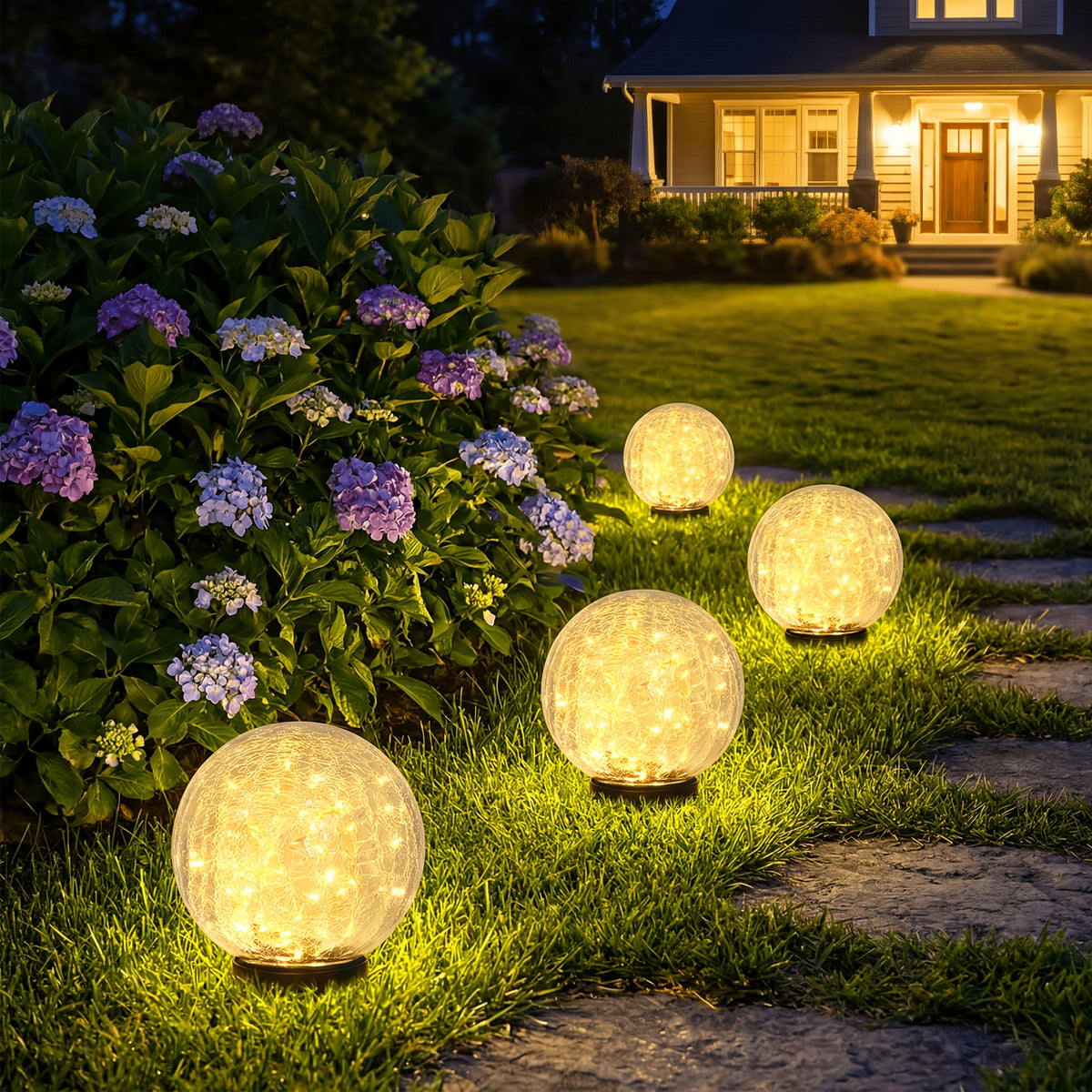 Solar Globe Lights Outdoor, 4-Pack Crackle Glass Garden Spheres with Auto On and Off, 800mAh Battery and LED Lighting for Patios and Holiday Decor