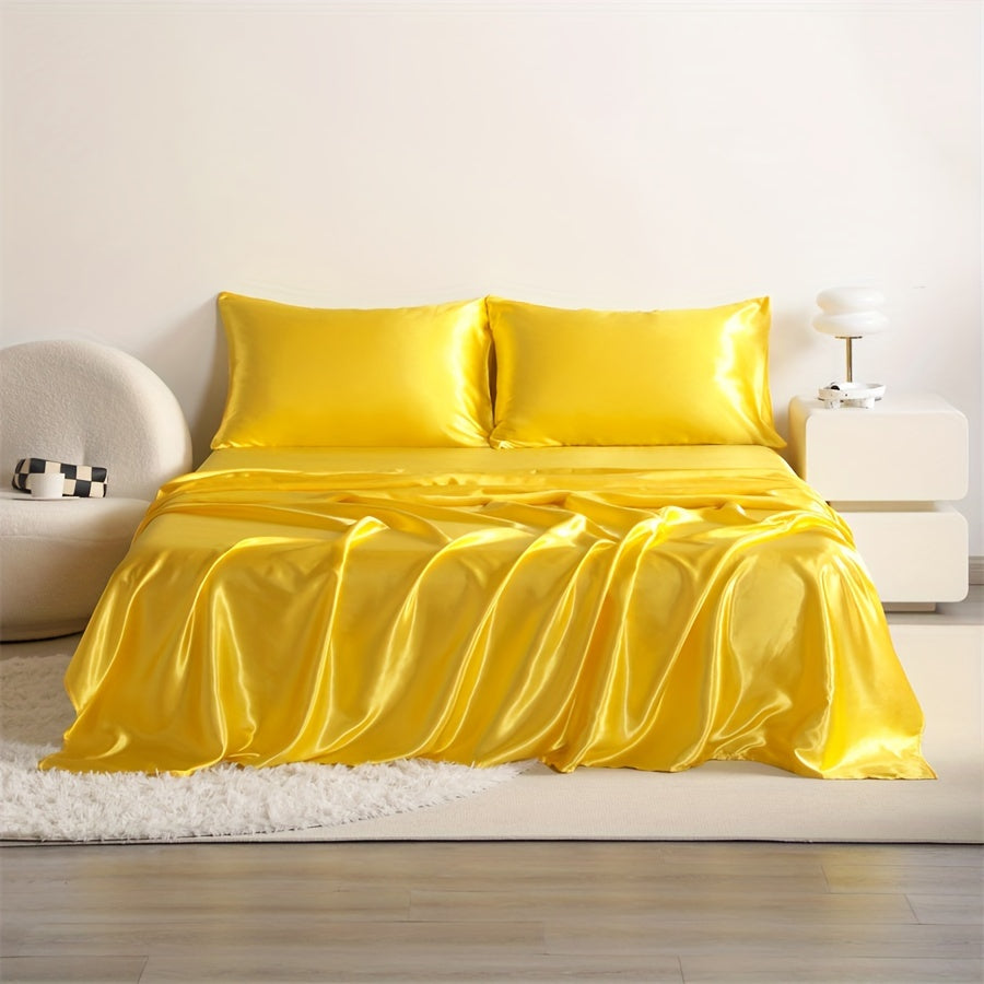 4pcs Cooling Satin Bed Sheet Set, Shrink-Resistant, Fade-Resistant, Hypoallergenic, Breathable,Flat Sheet & Fitted Sheet & Pillowcase Set with Deep Pocket, 300 Gsm