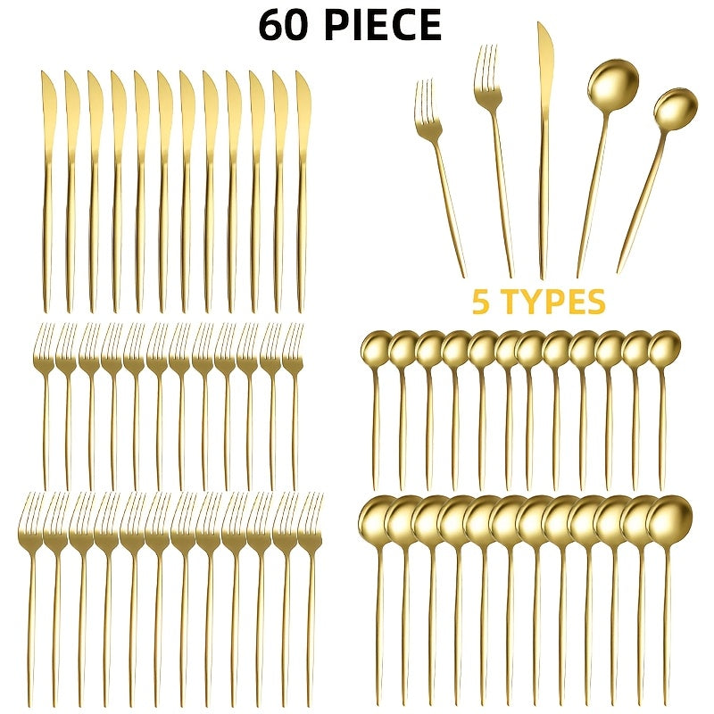 30/60pcs Stainless Steel Cutlery Set, Including Steak Knife, Fork, Spoon And Teaspoon, Dinner Fork, Dinner Spoon, Fruit Fork, Dessert Spoon, Coffee Spoon, Mirror Polished, Suitable for Family Restaurants, Hotels, Parties, Weddings, Copper Cutlery Se