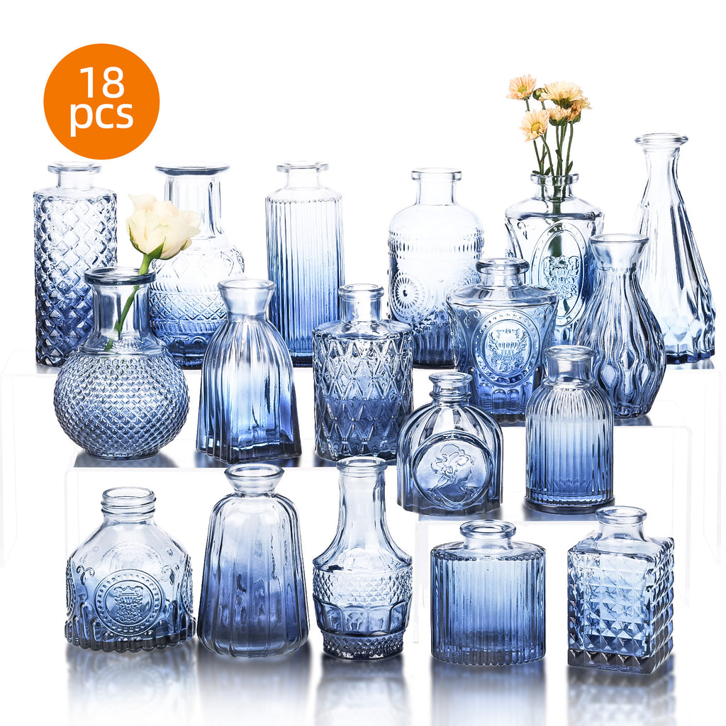Blue Glass Bud Vases Set of 18, Vintage-Style Small Flower Vases in Assorted 3–6 Inch Sizes for Rustic Wedding Centerpieces and Home Table Decor