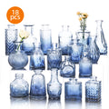 Blue Glass Bud Vases Set of 18, Vintage-Style Small Flower Vases in Assorted 3–6 Inch Sizes for Rustic Wedding Centerpieces and Home Table Decor