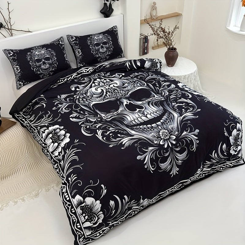 3pcs Black And White Skull Design Victoria Baroque Gothic Duvet Cover Set (1 Duvet Cover + 2 Pillowcases Without Pillow Insert), Halloween Collection, High Definition Numeric Print for Queen And King Size in Home Dormitory