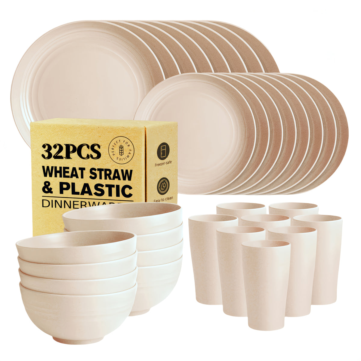 32/16pcs Wheat Straw Tableware Set, Round Plates, Dessert Plates, Bowls And Cups, Unbreakable Plates And Bowls Set, Service for 8/4, Dishwasher Safe, Durable And Lightweight And Easy-Clean for Kitchens, Rvs, Camping, And Outdoor Use