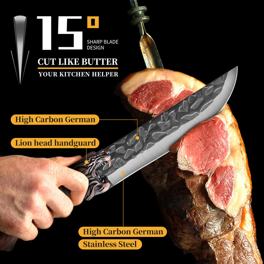 7pcs Chef Knife Set, Hand Forged Damascus Style Blade with Brown Wood Handle, V-shaped Sharp Blade, Suitable for Meat, Fish, Vegetables, Fruits, Professional Kitchen Knives, Suitable for Home Chefs And Chefs (ideal Gift) - Ergonomic Grip