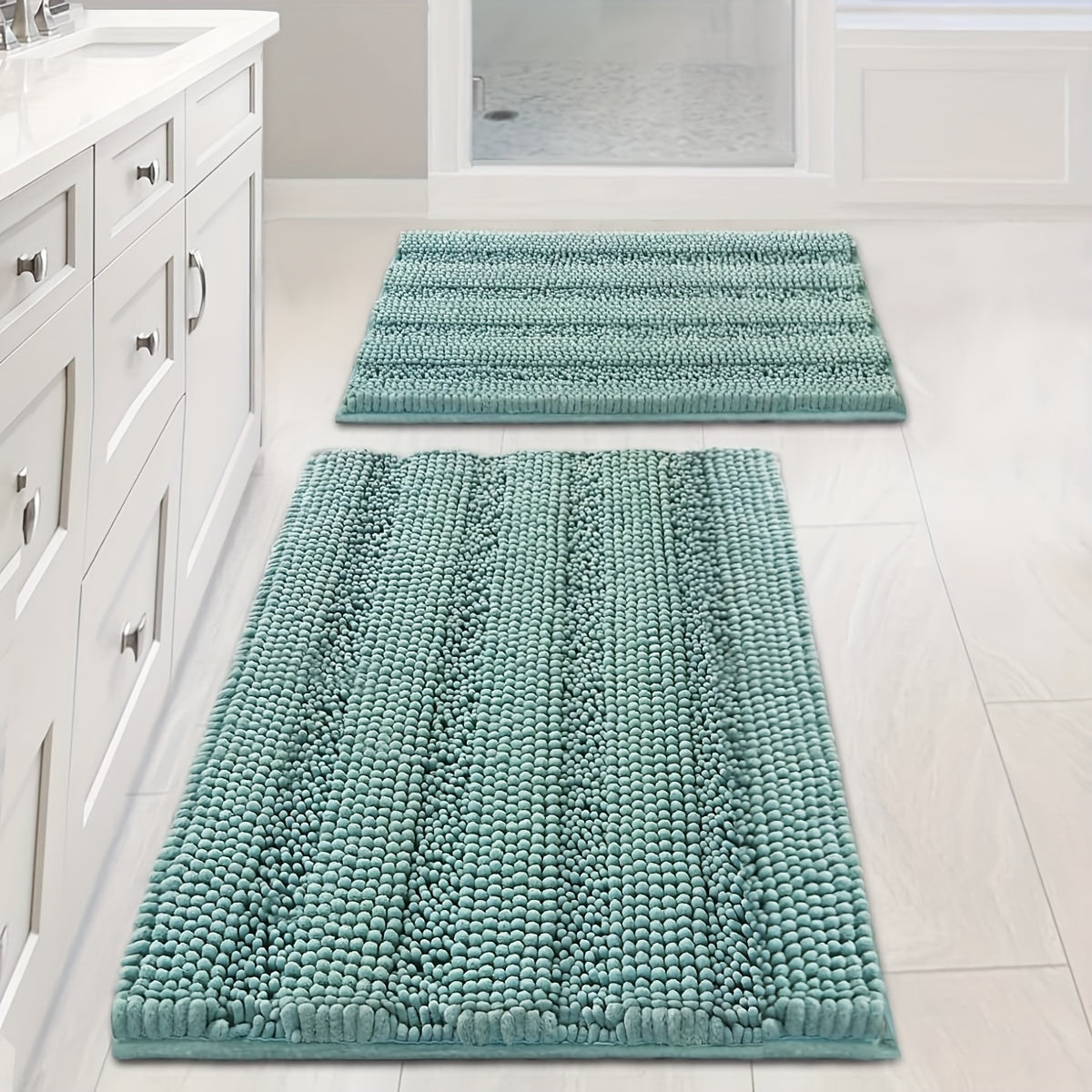 AIERJIA Bathroom Rugs, Set of 2 Thick Chenille Striped Shaggy Bath Mats for The Bathroom, Non-Slip Mats for Bathroom Flooring (32 X 20 And 24 X 17 Inches)