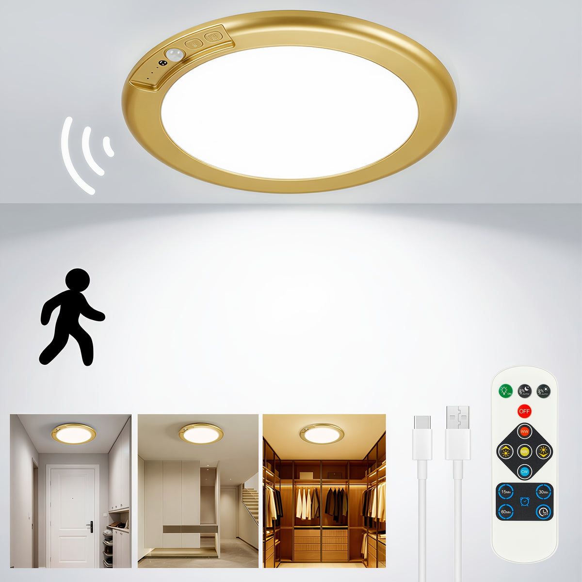 8/6/4/2/1Pack Rechargeable LED Ceiling Light with Motion Sensor, 3 Lighting Options, 10 Brightness Levels Battery Operated Closet Lights, Remote Control Dimmable Timing Motion Shower Lights for Living Bathroom Pantry Hallway Porch(3000K/4500K/6500K)
