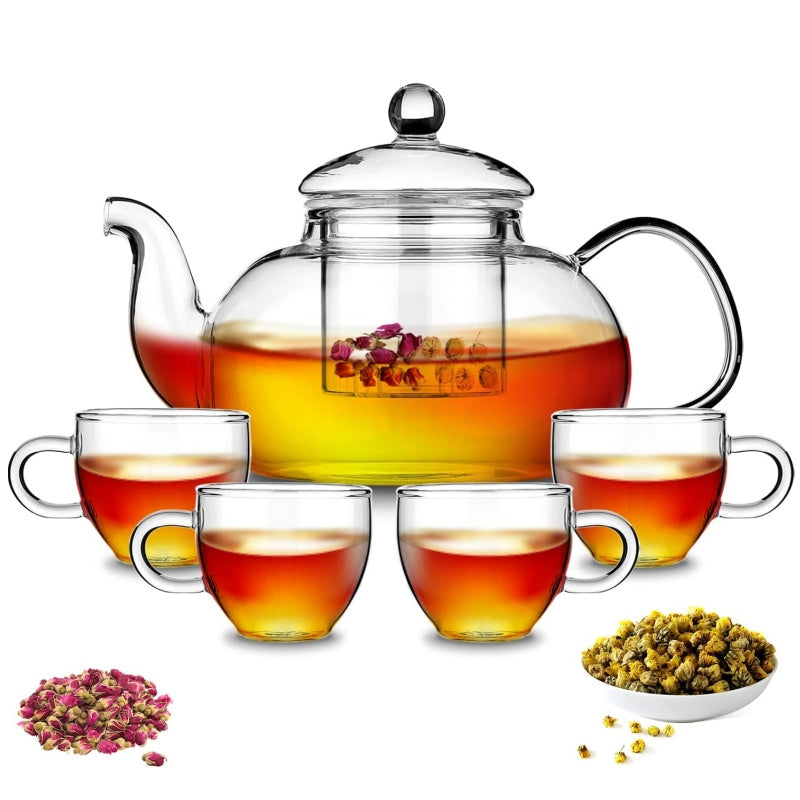 1000Ml Glass Teapot with Infuser And 4 Cups, 33.8 Oz (1000 Ml) Glass Teapot with Detachable Infuser for Flowering And Loose Leaf Tea, Microwave And Stovetop Tea Set Gift Box