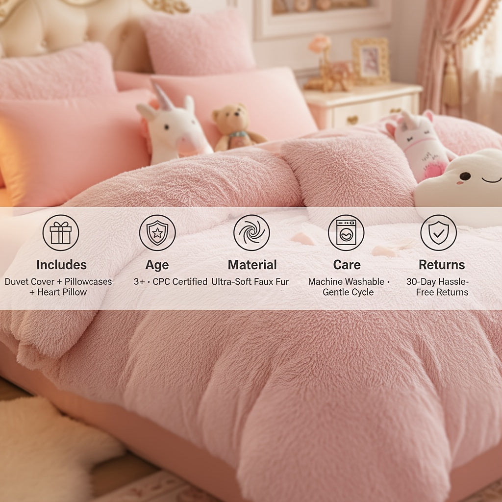 3/4pcs Plush Faux Fur Comforter Cover Set for Kids & Teens - Includes Pillowcases + Plush Heart Pillow - Twin/ Queen/ King Sizes - Super Soft, Warm, Machine Washable (Duvet Cover Only, No Comforter)