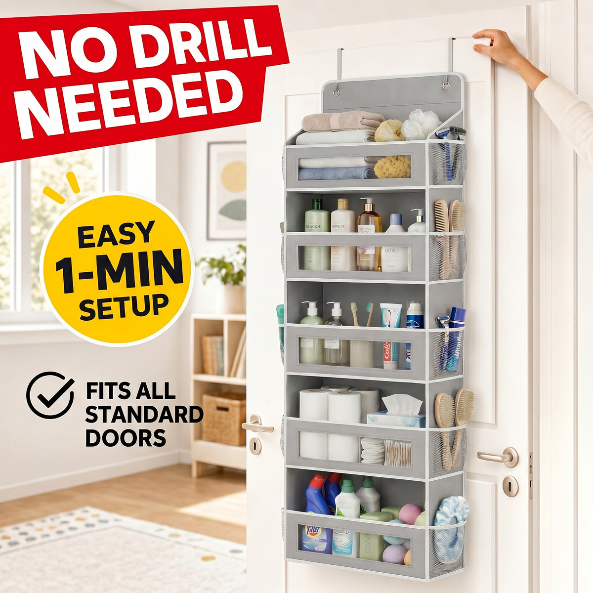 [5-Tier Storage Box] Door Storage Box, Hanging Door Storage Box with 5 Large Capacity Pockets | Anti-tilt 44 Pound Load Back Of Door Storage Box for Bedroom, Bathroom, Pantry, Room Storage And Collection Use Over The Door Pantry Organizer