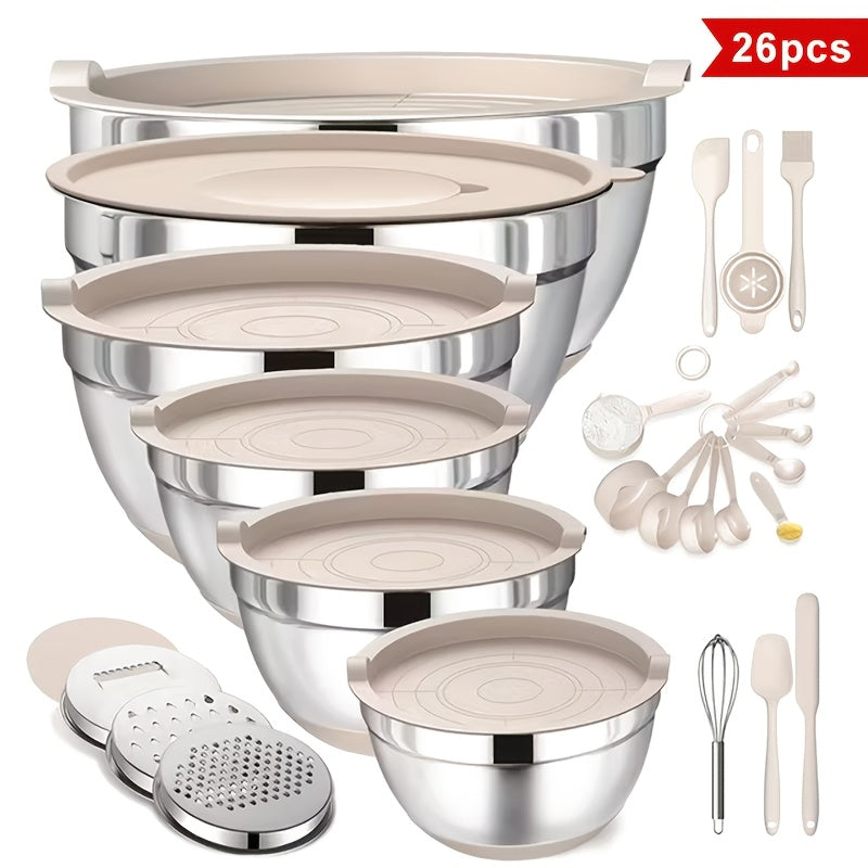 26pcs Stainless Steel Mixing Bowl Set With Sealed Lid And Anti Slip Silicone Bottom, 6 Bowls 4.5, 3.6, 2.7, 2.1, 1.7, 1.1QT Sizes+kitchen Tools, Suitable For Baking, Salad Making, Mixing, Kitchen Tidying, Christmas, Father'S Gifts, Gifts For Men