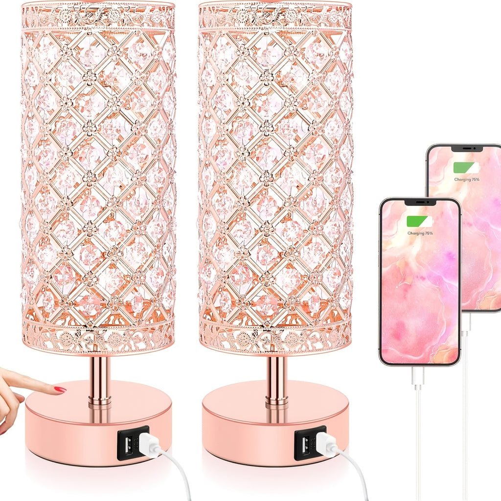 Touch Control Crystal Table Lamps With 2 USB Ports, 3-Way Dimmable Bedside Nightstand Lamps With Decorative Crystal, Small Table Lamps For Bedrooms Living Room, Office, Led Bulb Included
