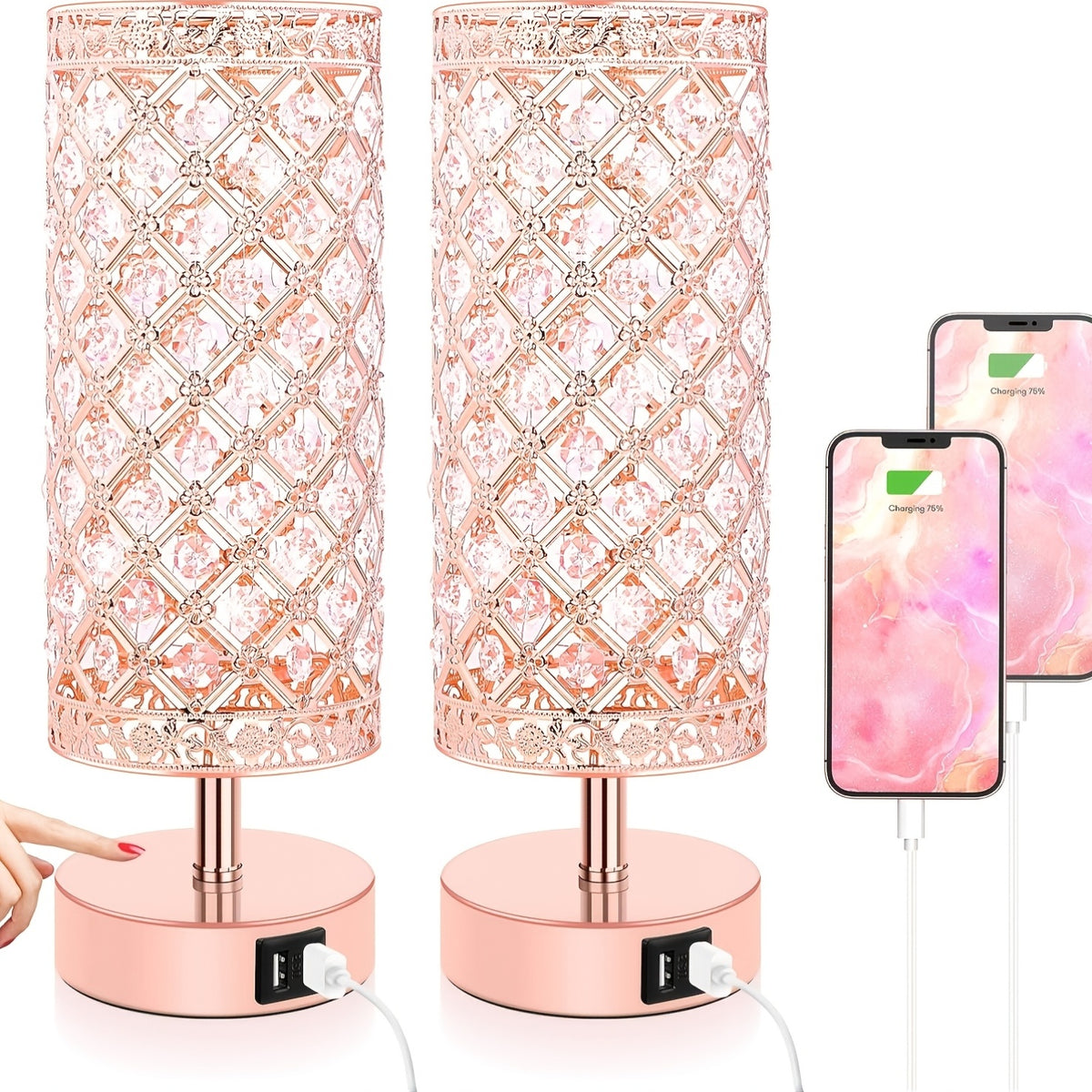 Touch Control Crystal Table Lamps With 2 USB Ports, 3-Way Dimmable Bedside Nightstand Lamps With Decorative Crystal, Small Table Lamps For Bedrooms Living Room, Office, Led Bulb Included