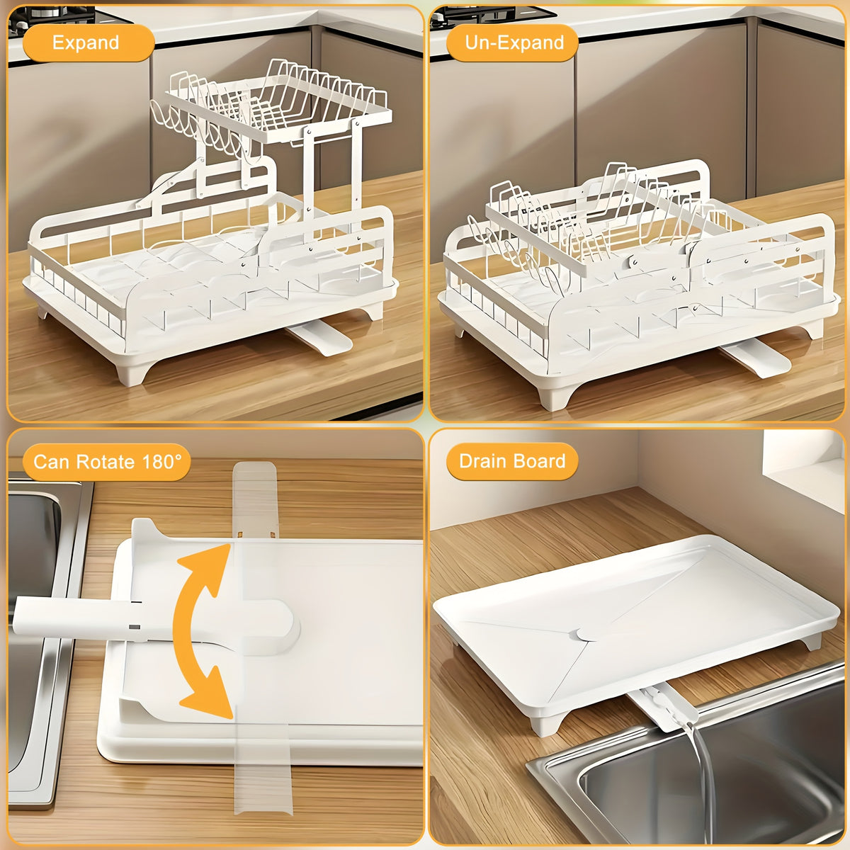 [Large Dish Drying Rack] 1pc Large 2-Tier Carbon Steel Dish Drying Rack with Drainboard, Glass & Utensil Holders, And Extra Drying Mat - Rust-Resistant Metal Dish Drainer for Kitchen Countertop, Black