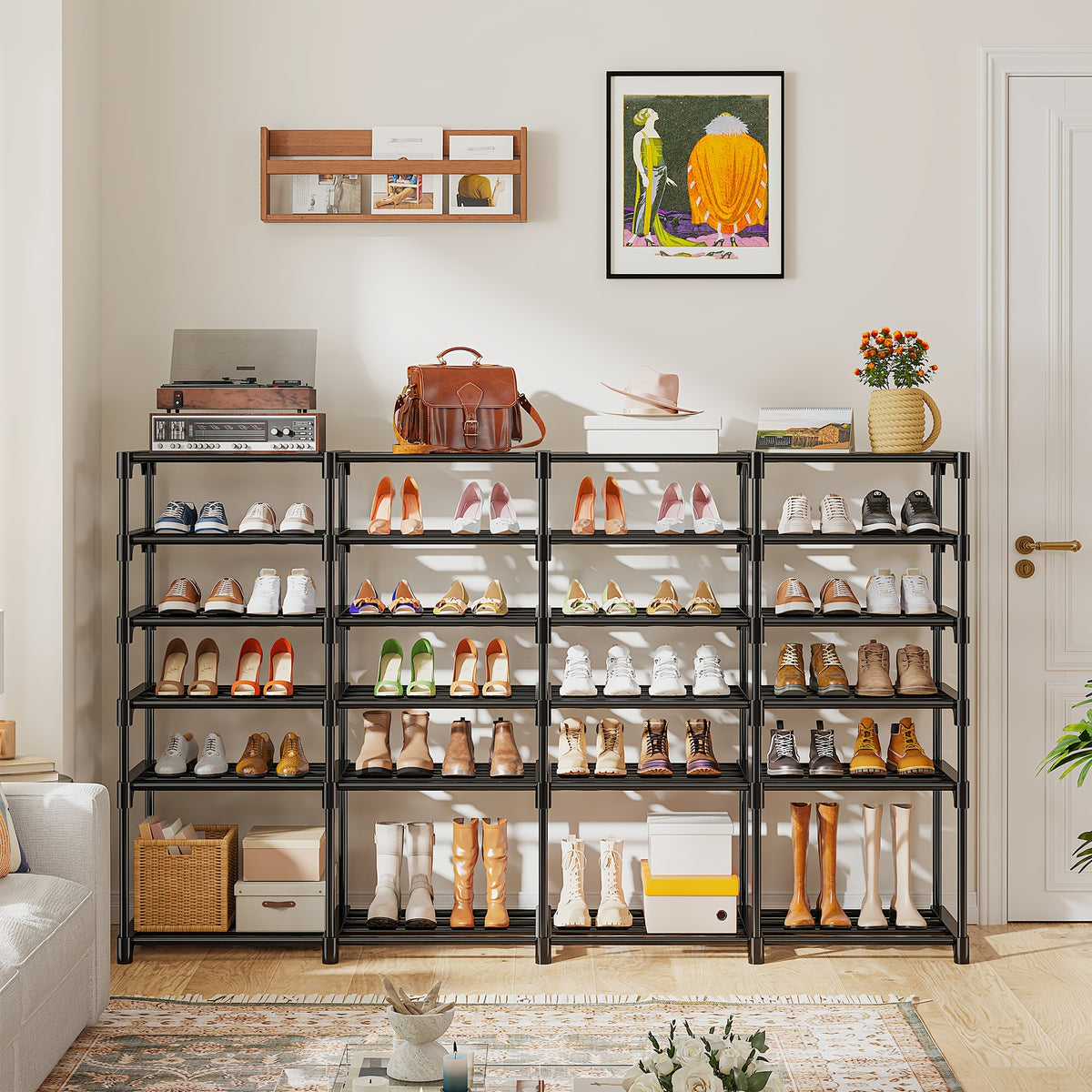 Large Capacity Metal Shoe Rack, Black Shoe Rack Organizer, Boots Storage Rack, 4 Rows 6 Tier & 4 Rows 9 Tier Shoes Rack | Heavy Duty Storage Shelf |Holds 45-72 Pairs Of Shoes|Stable And Durable, Easy to Assemble for Living Room, Bedroom, Dormitory