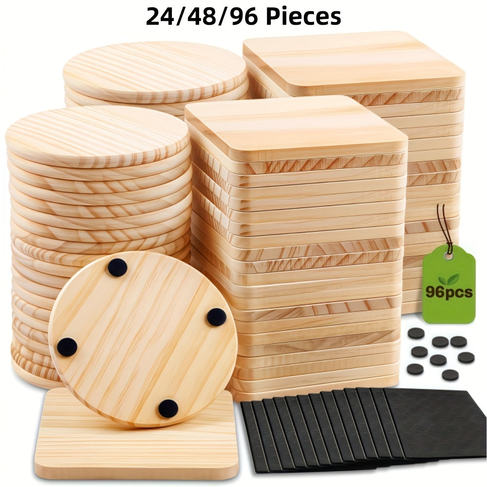 24/48/96pieces Unfinished Wood Coaster Blanks(4 Inch Square & Round) With Non-Slip Foam Stickers - Craft Supplies For Painting, Engraving, Burning & Decor - Ideal Handmade Gifts & Home Decor For Christmas Halloween Easter, Mother'S Day Craft Gift
