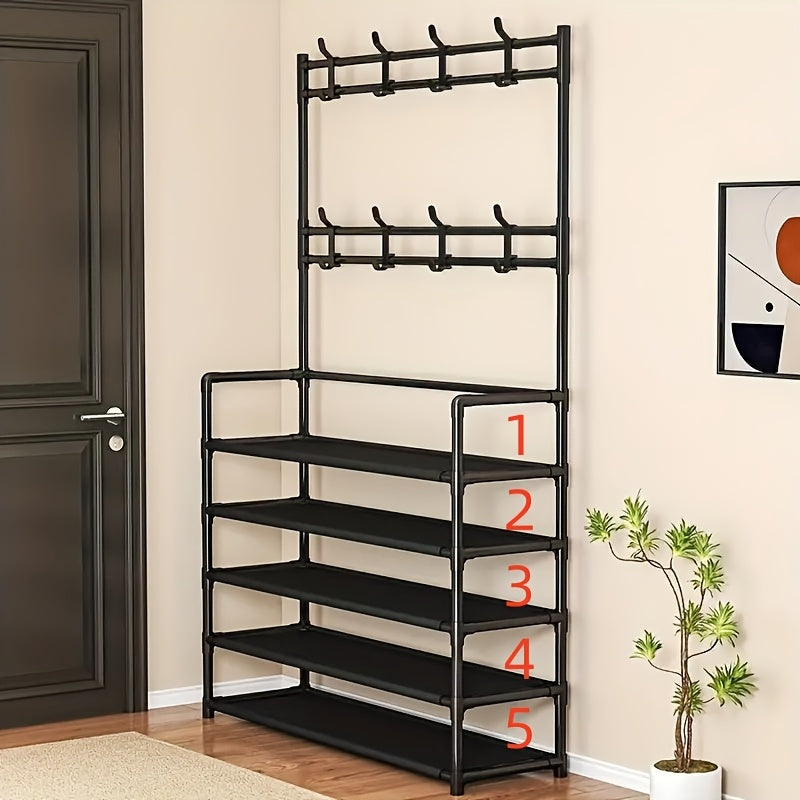 Multifunctional 5-Tier to 3-Tier Shoe Rack, Freestanding Shoe Organizer, Shoe Storage And Organizer, Shelves, with Multi-Layer Storage And 8pcs Double Hooks, Suitable for Living Room, Bedroom, Entrance
