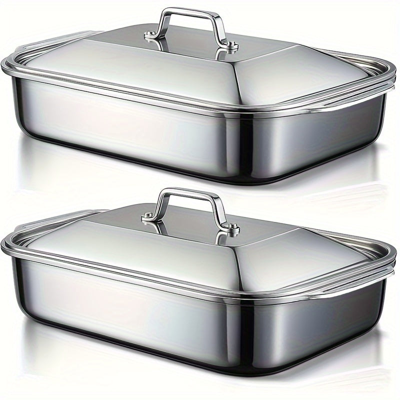 4pcs(2 Deep Trays and 2 Lids with Handles) Stainless Steel Baking Tray with Steel Lid 16.1 Inches with Fresh-keeping Lid, Non-stick and Easy to Clean, Suitable for Outdoor Pumpkin Cooking, Barbecue and Other Multi-purposes- Perfect Choice for C